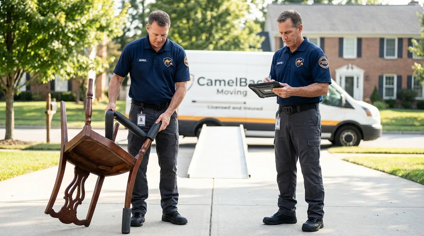 Movers inspecting furniture for damage prevention before loading in Fort Myers, FL
