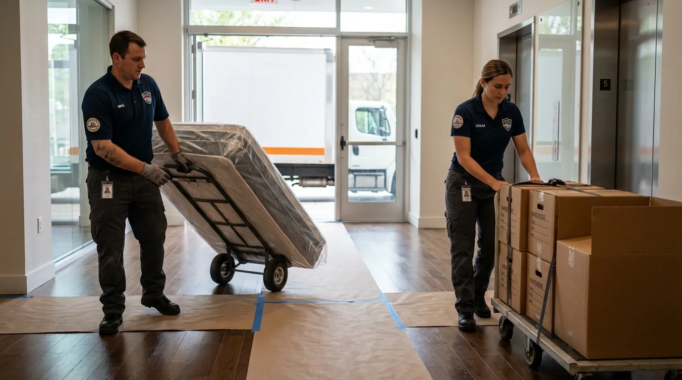 Professional apartment movers loading elevator in Fort Myers, FL